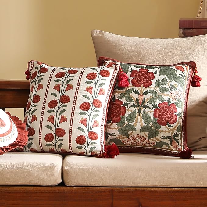 Vintage Throw Pillow Covers Pack of 4,Red Cozy Velvet with Leaves and Floral Pattern Pillowcases,Decor Square Round Lumbar Pillows Cushion Covers for Living Room Couch Sofa Bed Car