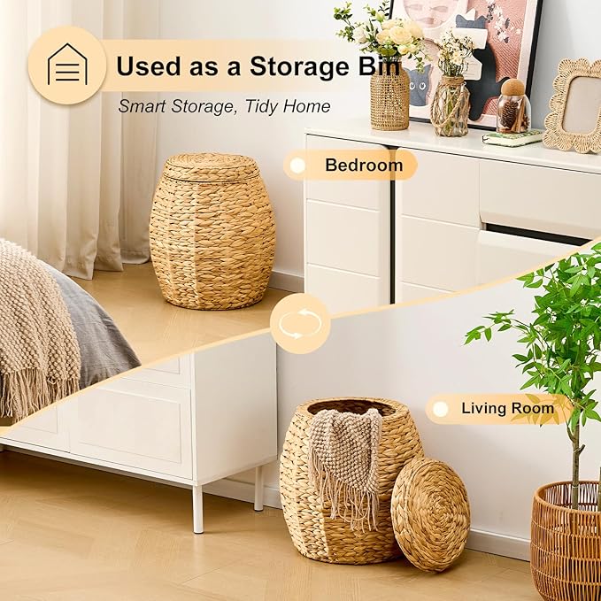 Round Wicker Basket with Lid, Handwoven Hyacinth Storage Basket, Blanket Organizer Basket for Laundry, Bathroom, Bedroom, Living Room, Office