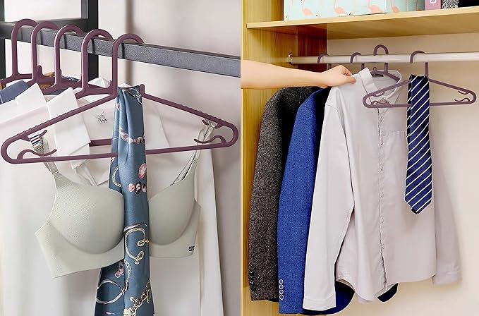 Plastic Hangers 50 Pack, Light Weight Durable Clothes Hangers with Hooks Standard Size G-Shape&Non-Slip Coat Hangers for Everyday Use (Purple)