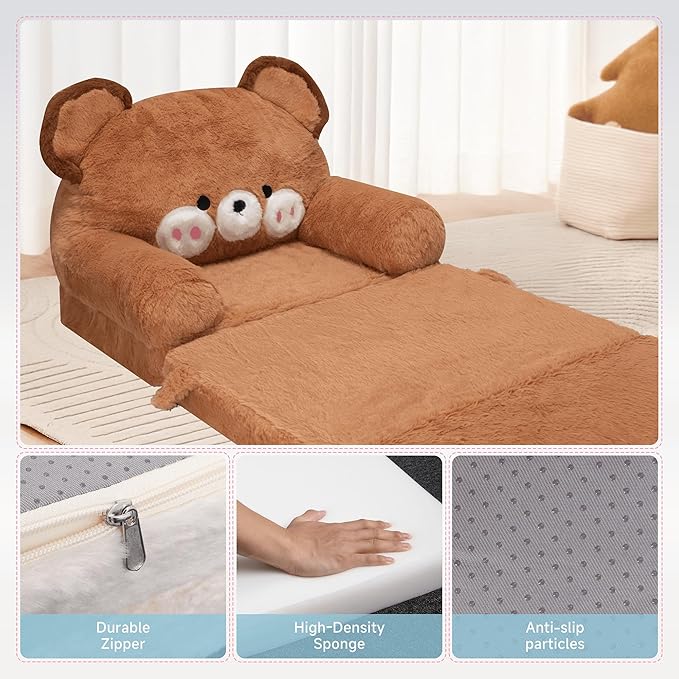 MONKISS Kids Couch, Comfy Toddler Chair, 2 in 1 Fold Out Kids Sofa to Lounger, Baby Sleeper Chair, Toddler Furniture, Birthday Gifts for Boys and Girls, 1~4 Years Old, Bear