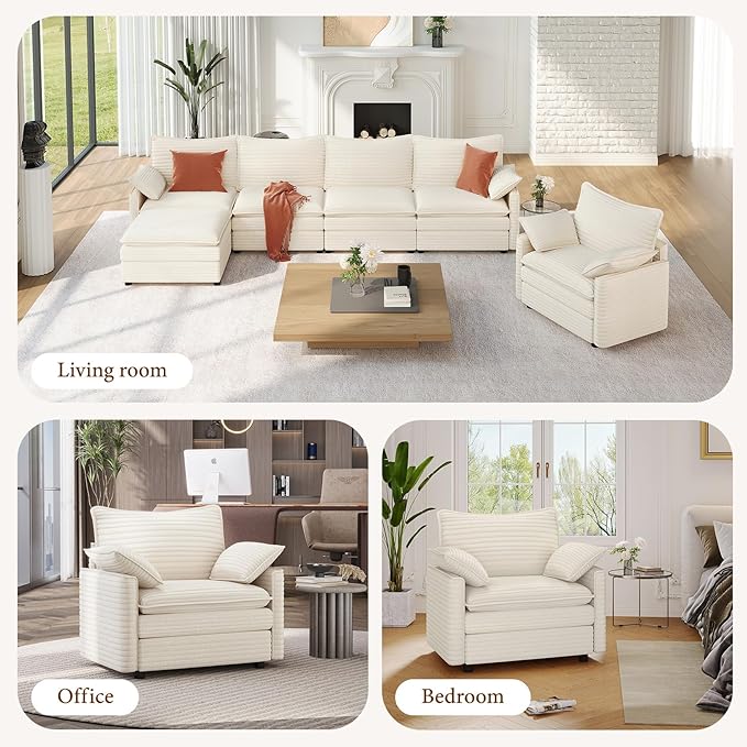 Vesgantti 40" Single Seat Sofa, Comfy Cloud Couch Deep Seat Upholstered Couch Corduroy Modern Sofa with Armrest Pillow, Easy Assembly for Living Room, Bedroom and Apartment, Beige