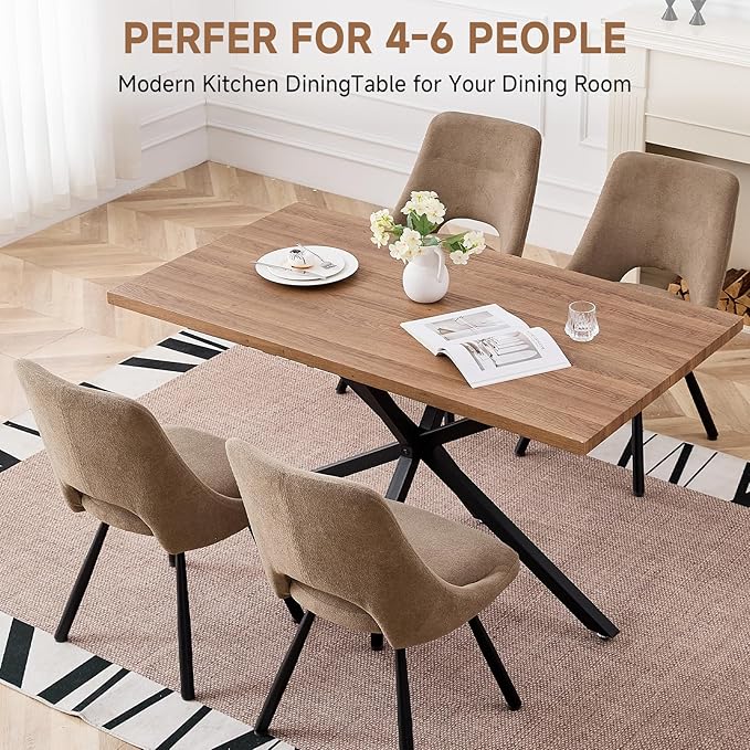 55.1 Inch Dining Table for 4 6 People Rectangular Wooden Kitchen Tables Mid Century Modern Dinner Table Long Dinning Room Table with Metal Cross Legs for Kitchen Living Room Comedor(Brown)