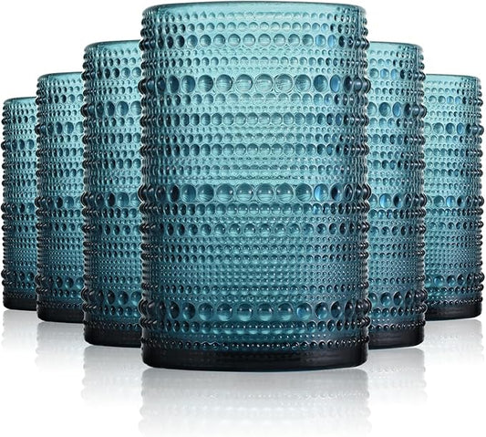 Hobnail Drinking Glasses Set of 6, Vintage Colored Glassware 14.5oz, Tall Beverage Glass Cups for Water, Juice, Cocktail (Blue)