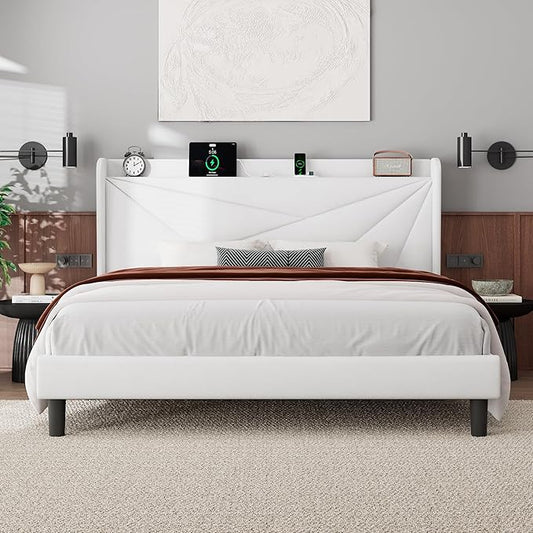 Feonase King Bed Frame with Charging Station, Velvet Upholstered Platform BedFrame with Wingback Storage Headboard, Solid Wood Slats Support, No Box Spring Needed, Noise Free, White