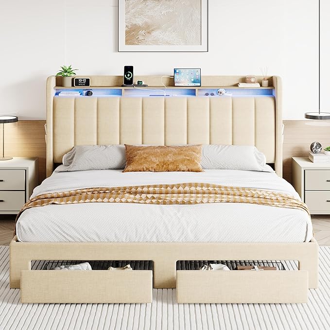 SHA CERLIN King Size Platform Bed Frame with Vertical Channel Tufted Wingback Headboard & 2 Storage Drawers/2-Tier Shelves with LED Lights & Charging Station/Noise-Free/No Box Spring Needed/Beige