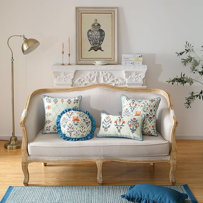 Design Lumbar Linen Throw Pillow Covers 12"x20" Pack of 2, Blue Country Cushion Covers with Colorful Wildflower Pattern Decor Rectangle Pillowcases for Bed,Living Room,Outdoor,Car