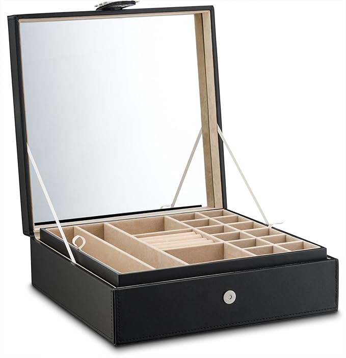 Co 28 Section Jewelry Box - 2 Layer - Buckle Snap & Magnet Closure - Large Mirror - Pu Leather - Black - Jewelry Organizer for Women & Girls - Holder for Earring Ring Necklace & Bracelet