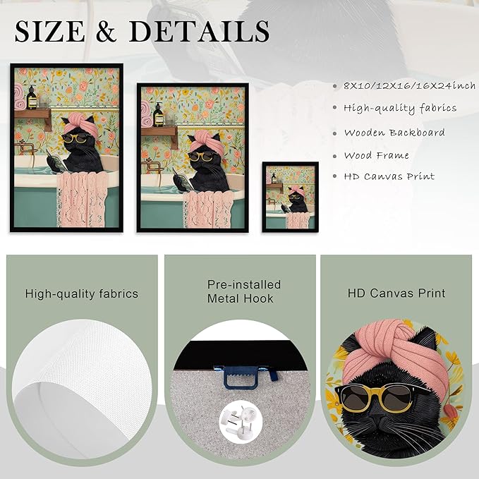 Framed Vintage Cat Canvas Wall Art, Funny Pink Animal Reading Books Painting Picture Print, Cute Kitten Lovers Aesthetic Wall Decor for Nursery Girls Room Bedroom Kids Room 16''L x 12''W