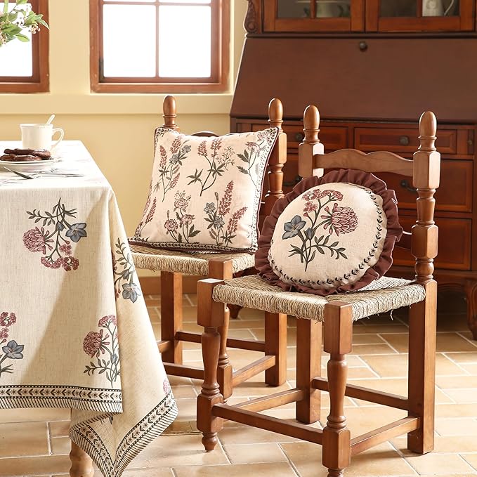 Design Linen Vintage Throw Pillow Covers Diameter 16", Round Cushion Covers with Blue Pink Flowers Green Leaves Pattern Decoration Pillowcases for Bed,Living Room,Outdoor,Car