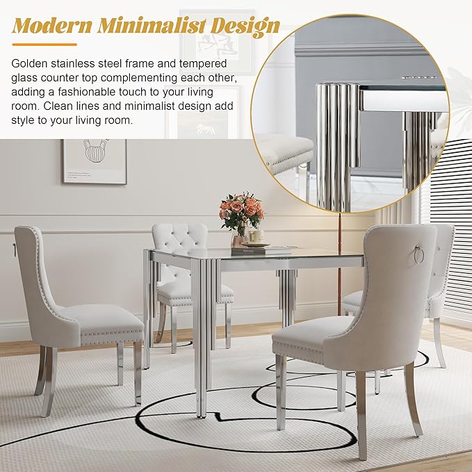 3 Piece Glass Dining Table Set, 35" Square Glass Kitchen Table with 2 White Velvet Upholstered Chairs, Silver Dining Table for 2 with Chairs Set for Kitchen, Living Room