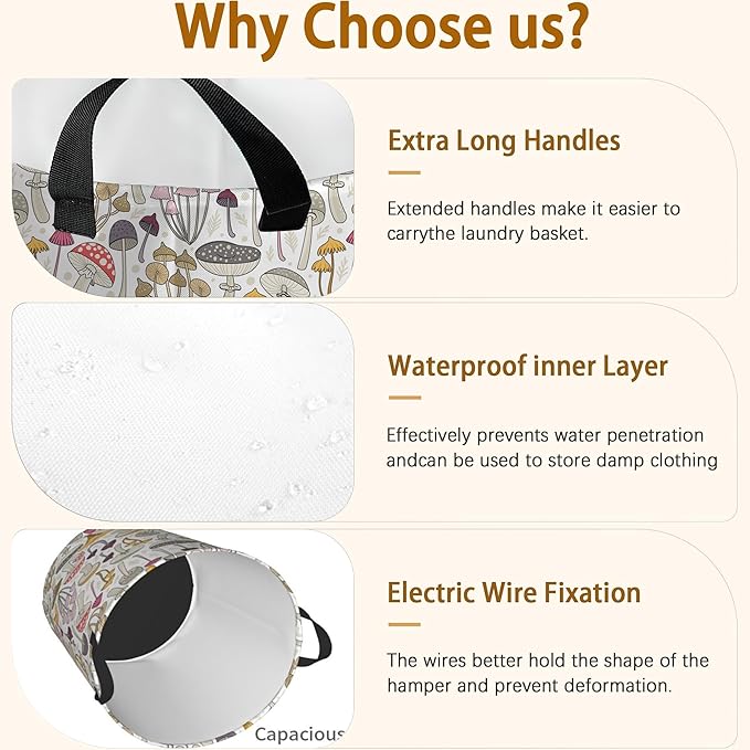 Mushroom Retro Laundry Basket,Waterproof Mushrooms Laundry Hamper,Collapsible Organizer Basket for Storage Bin Toy Bins, Dirty Clothes Laundry Basket for Living Room/Bathroom/Bedroom