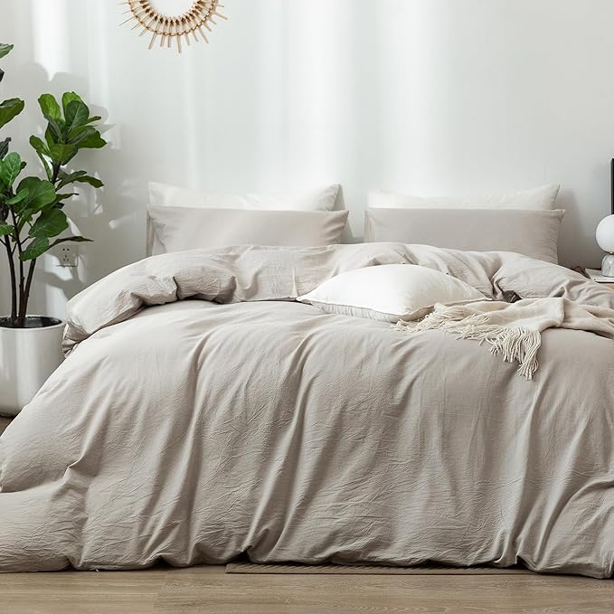 MooMee Bedding Duvet Cover Set 100% Washed Cotton Linen Like Textured Breathable Durable Soft Comfy (Heathered Cream Grey, Super King Plus 120"x120")