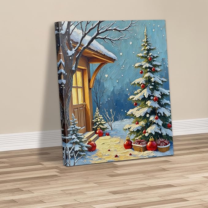 Framed Christmas Pictures Wall Decor,Vintage Pine Tree Prints,Winter Christmas Canvas Wall Art Decoration for Bedroom Bathroom Living Room Rustic Xmas Holiday Gifts (Christmas Tree 21, 16'' X 20'')