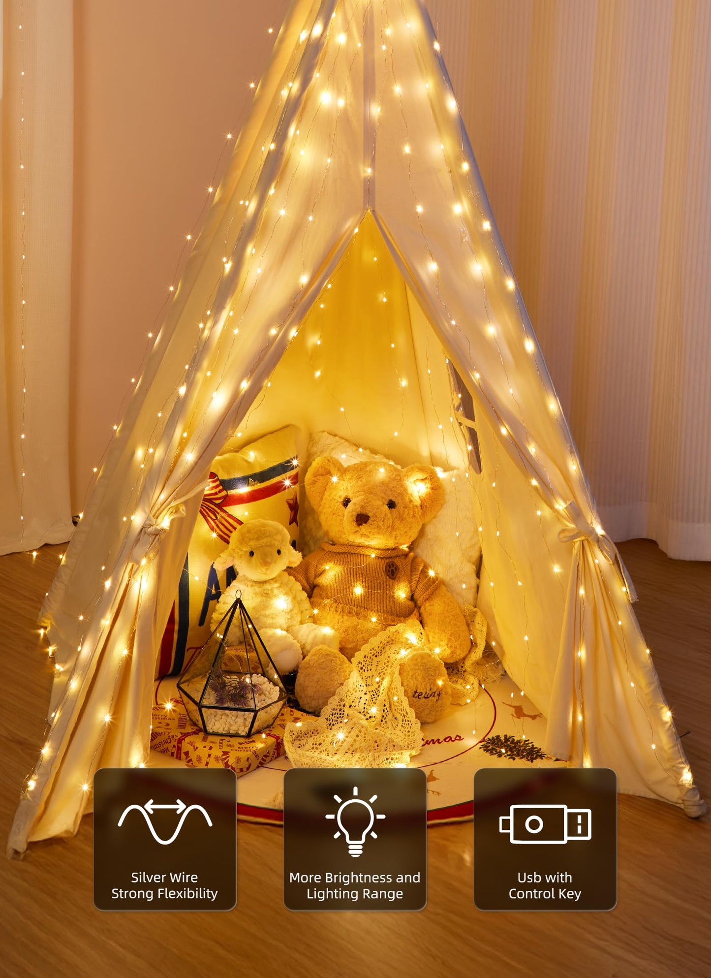 Brightown 300 LED Fairy Curtain Lights, 9.8ft x 9.8ft Warm White Curtain String Lights, USB Plug in 8 Lighting Modes Christmas Decoration, Hanging Lights with Remote for Bedroom Indoor Weddings Dorm
