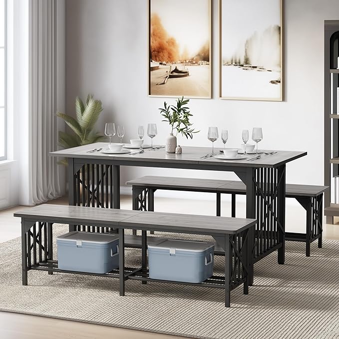 DWVO 3-Piece Dining Table Set for 4-6 People, 63" Dining Room Table with 2 Benches, Industrial Rectangular Dining Room Table Set with Storage for Kitchen, Dining Room, Grey