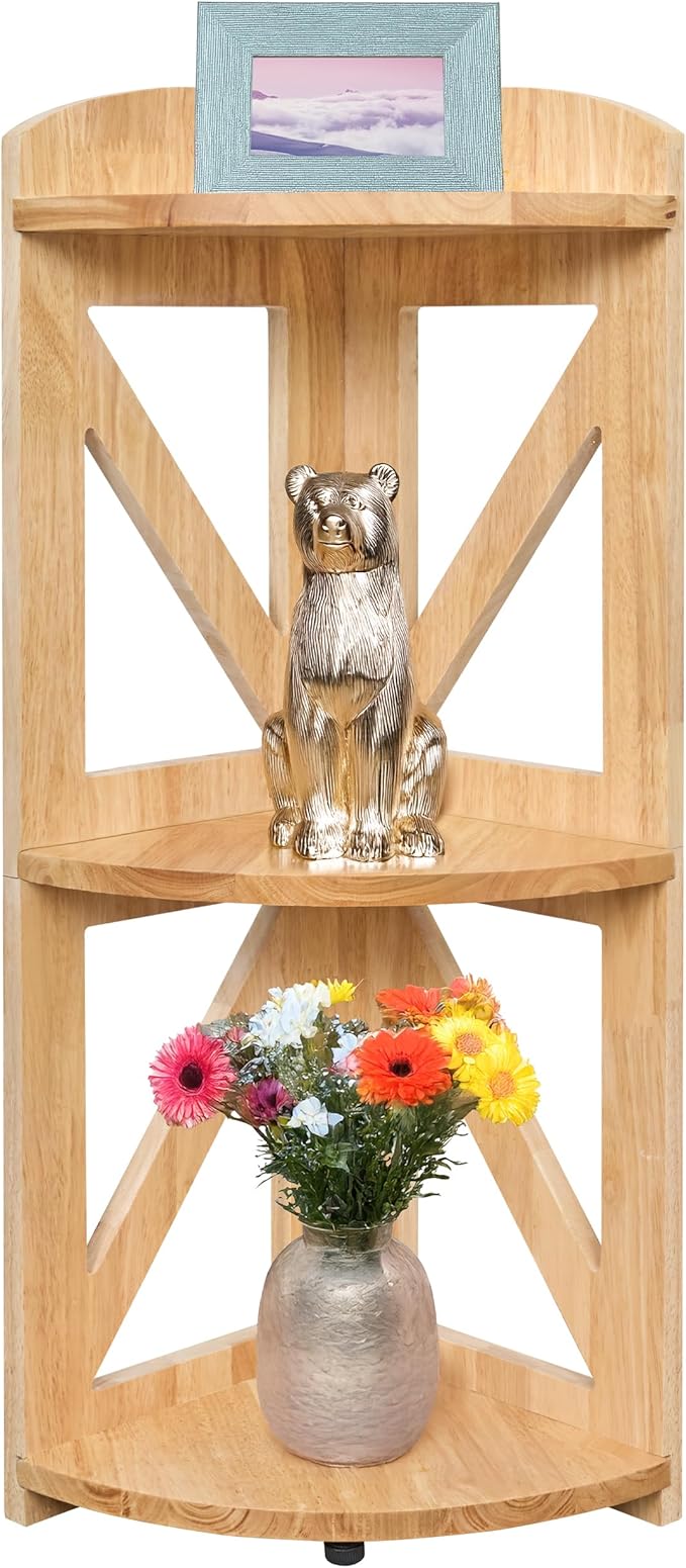 Corner Shelf Stand, Corner Bookshelf, Small Corner Shelves by Natural Wood, Plant Stand, Corner Bookcase for Living Room, Home Office, Bedroom, (Natural, 3 Tier)