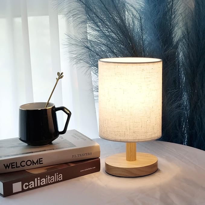 Small Table Lamp Mini Bedside Night Light Wooden Simple Desk Nightstand Lighting with Linen Shade for Bedroom, Living Room, Kids Room (Including LED Bulb) (Round)
