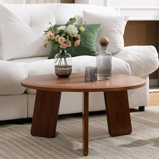 Modern Wood Coffee Table Small Desk Farmhouse Round Coffee Table Floor Table Couch Table Easy Assembly for Living Room/Office/Reception/Sofa Couch End, Walnut
