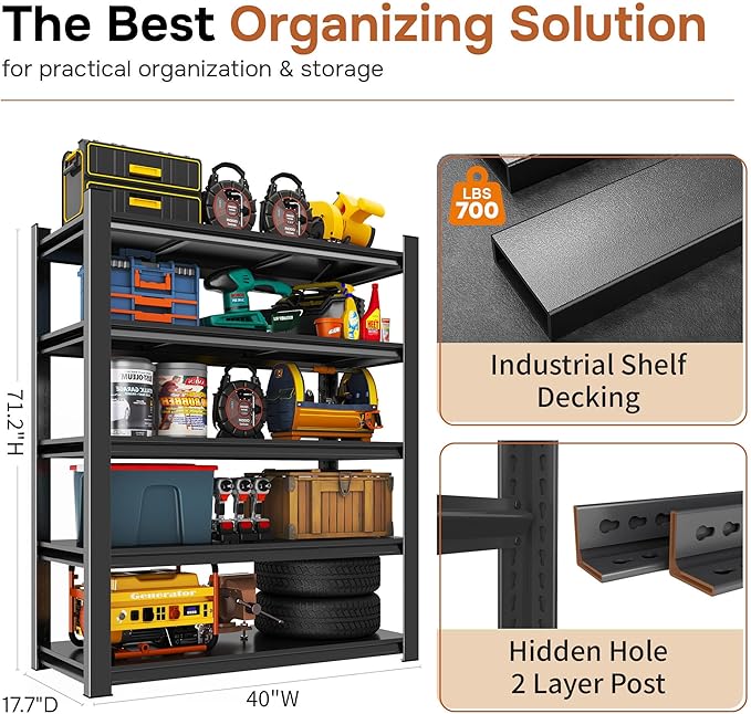 40" W Metal Garage Shelving Unit 3500LBS Metal Storage Shelves 5 Tier Adjustable Shelving Unit Garage Shelves for Kitchen Warehouse Pantry Basement, 71.2" H x 40" W x 17.7" D, Black