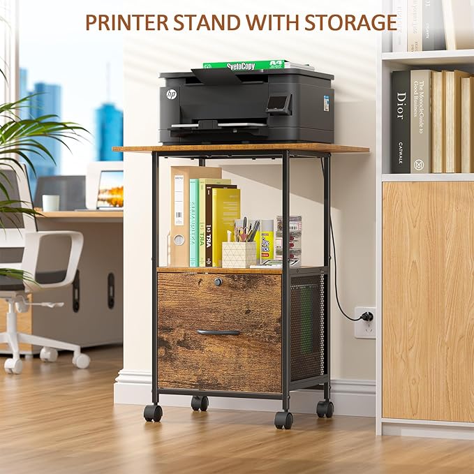 File Cabinet Small Filing Cabinet with Lock Printer Stand with Storage, Rolling File Cabinet with Drawer Vertical File Cart with Wheels, Lockable Filing Cabinet for Home Office