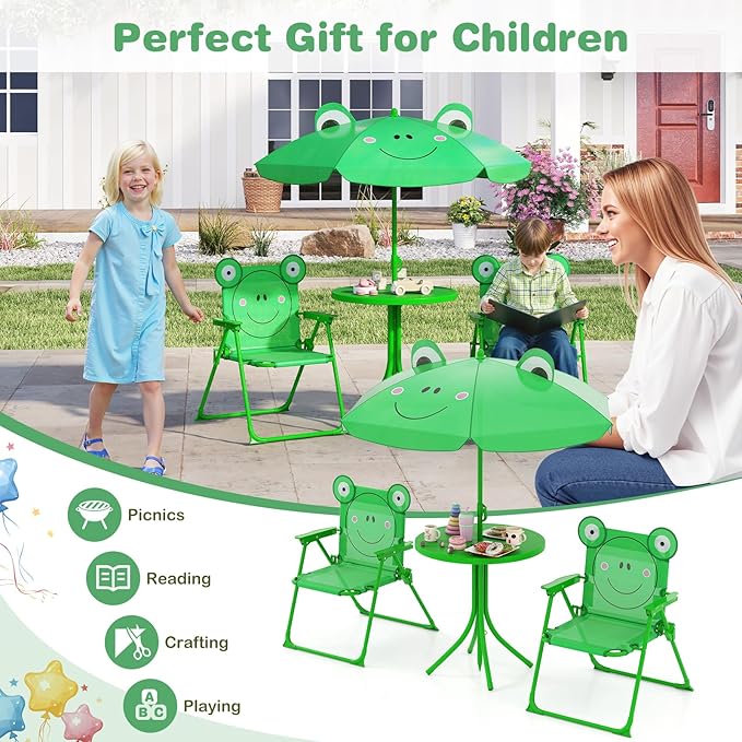 Costzon Kids Picnic Table, Kids Outdoor Table with 2 Folding Chairs, Height Adjustable Umbrella, Portable Children Outdoor Furniture for Patio, Garden, Backyard (Green)