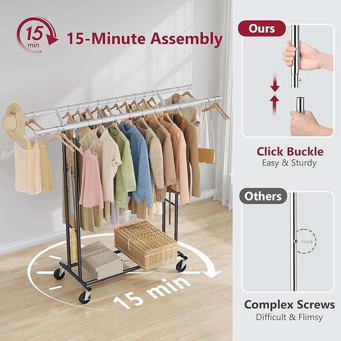 Tajsoon Double Rod Clothes Rack Load 480 LBS, Heavy Duty Rolling Garment Rack with Wheels, Collapsible Clothing Rack for Hanging Clothes, Commercial Adjustable Clothes Rack with Shelf, Black