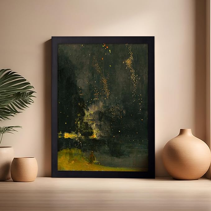Poster Master Vintage Nocturne in Black and Gold Painting Poster - Retro The Falling Rocket Print - Abstract Art - Moody Art - Landscape Art - Office or Living Room Decor, 16x20 Black Framed