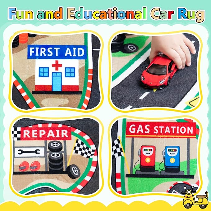 Kids Rug, Race Track Baby Play Mats, Realistic 3D Cascading Surround Route,5x7 Ft Kids Rug for Playroom, Great for Playing with Cars and Toys, Non-Slip Car Carpet