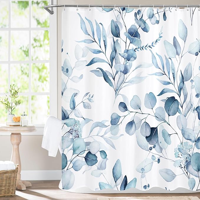 MitoVilla Blue Spring Floral Shower Curtain, Modern Plants Botanical Fabric Cloth Shower Curtains for Chic Elegant Bathroom Decor, Summer Watercolor Eucalyptus Leaf, 72x72