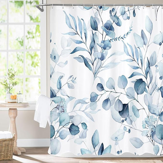 MitoVilla Blue Spring Floral Shower Curtain, Modern Plants Botanical Fabric Cloth Shower Curtains for Chic Elegant Bathroom Decor, Summer Watercolor Eucalyptus Leaf, 72x72