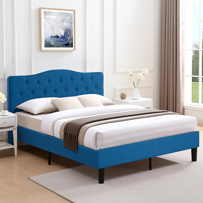 VECELO Queen Size Bed Frame Upholstered Platform with Tufted Adjustable Headboard/Mattress Foundation with Wood Slat Support, Easy Assembly,Blue