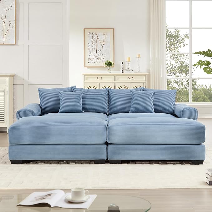 KEIKI 83" Oversized Corduroy Modular Sectional Loveseat Sofa with 2 Ottoman, High-Density Foam Cushion, Extra-Thick Armrest, Modern 2-Seater Fluffy Corner Couch with 6 Pillow, for Living Room, Blue