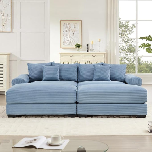 KEIKI 83" Oversized Corduroy Modular Sectional Loveseat Sofa with 2 Ottoman, High-Density Foam Cushion, Extra-Thick Armrest, Modern 2-Seater Fluffy Corner Couch with 6 Pillow, for Living Room, Blue