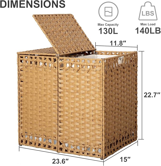 130L Foldable Laundry Hamper with Lid - Handwoven Rattan Storage Basket, 2-Section Clothes Hamper w/2 Removable Liner Bags, Easy Assembly, Portable for Bedroom Bathroom Dorm,Natural