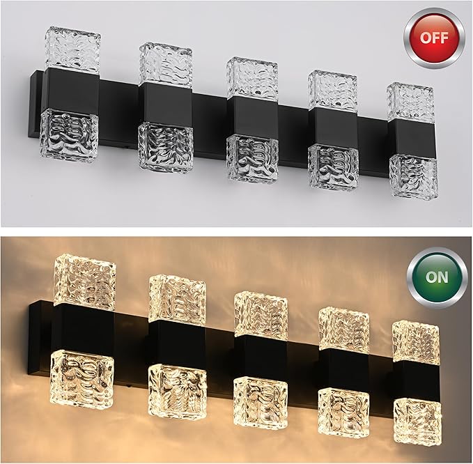 MELUCEE 30.3 in LED Bathroom Lighting Fixtures Over Mirror LED Vanity Light Black Modern Bathroom Light Bar 40W Crystal Wall Light Fixtures, 3000K Warm Lighting, Built-in Led Chips