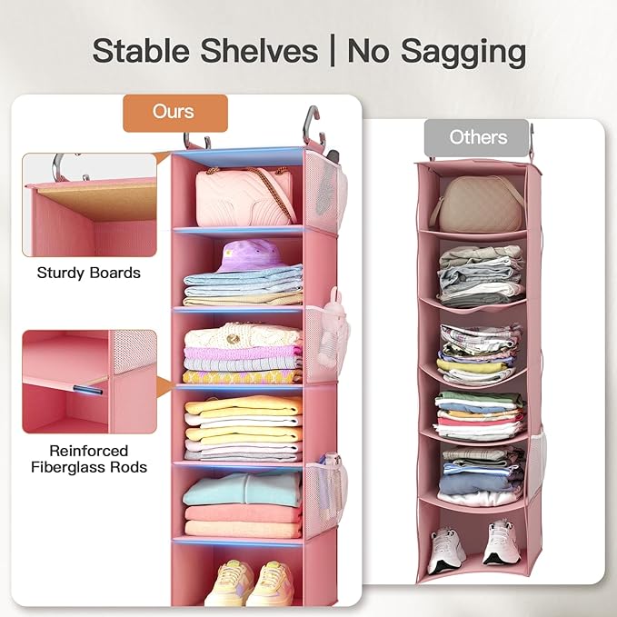 Pipishell Hanging Closet Organizer 6-Shelf, Hanging Shelves for Closet with 3 Removable Drawers & Side Pockets, Hanging Shelf Organizer for Bedroom or Garment Rack, 12'' x 12'' x 43.3'', Pink