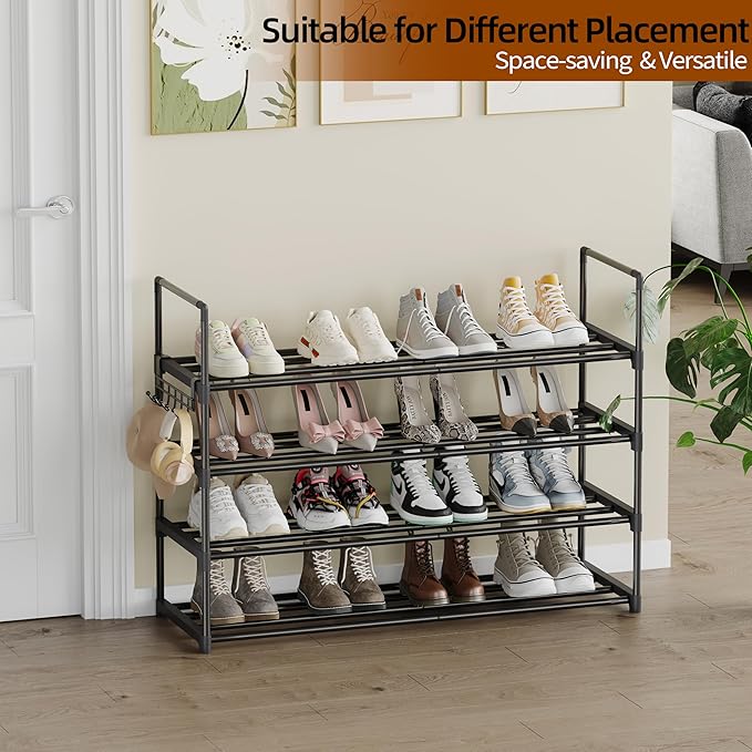 Metal Shoe Rack - 4-Tier Shoe Organizer with Adjustable Shelf Height, Sturdy Shoe Storage Shelf, Perfect for Front Door Entrance, Closet & Entryway, Easy to Assemble, DIY Layering Options (M - 4 Tier)