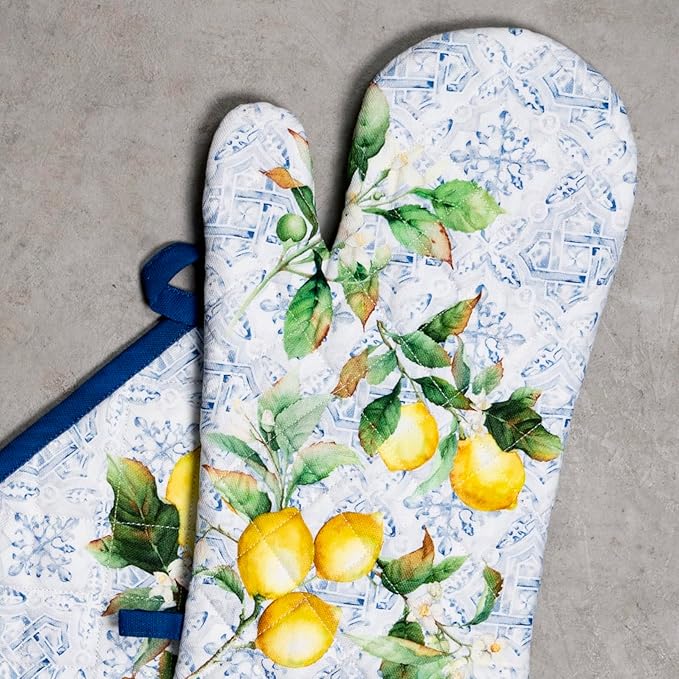 Maison d' Hermine 100% Cotton Oven Mitt & Pot Holder Set (7.5"x13" & 8"x8") Heat Resistant BBQ Cooking Gloves with Loop, Baking, Grilling, Kitchen, Handling Hot Pans Spring/Summer (Citrus)