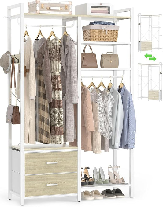 78.7'' Clothes Rack for Hanging Clothes - Reversible Clothing Rack with 2 Drawers, Heavy Duty Garment Racks with Shelves, 6 Tiers Freestanding Closet Wardrobe System with Hanging Hooks, White Oak