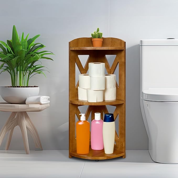 Corner Shelf Stand, Corner Bookshelf, Small Corner Shelves by Natural Wood, Plant Stand, Corner Bookcase for Living Room, Home Office, Bedroom, (Brown, 3 Tier X)