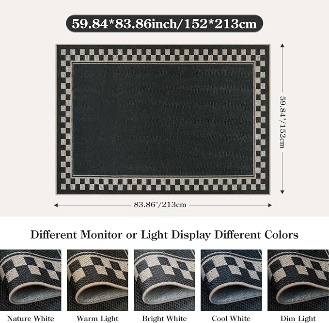 OJIA Easy Jute 5x7 Area Rugs, Washable Outdoor Patio Rug for Living Room Checkered Border Indoor Outdoor Rugs Farmhouse Non-Slip Black Carpet Geometric Rug for Backyard Entryway Dining Room