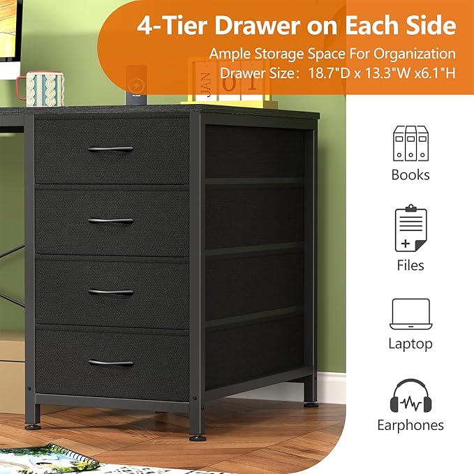 60 Inch Computer Desk with 8 Drawers, Home Office Desk with Power Outlets, Work Study Gaming Desk with 8 Fabric Drawers, Black