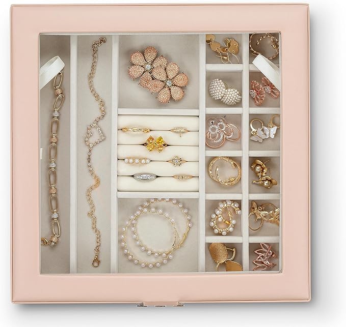 Co 28 Section Jewelry Box - 2 Layer - Buckle Snap & Magnet Closure - Large Glass Top - Leather Design - Sand - Jewelry Organizer for Women & Girls - for Earring Ring Necklace & Bracelet