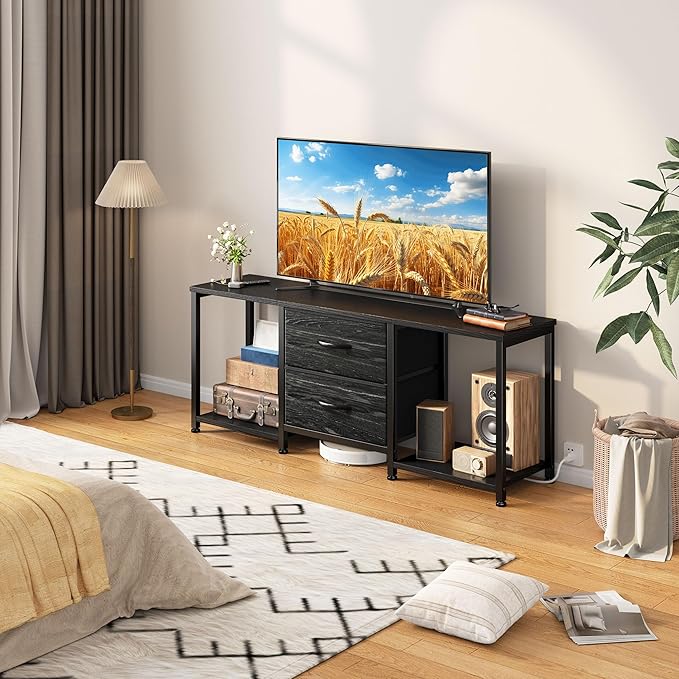 LED TV Stand Dresser for TVs up to 55 Inch, Entertainment Center with 2 Fabric Drawers and 2 Open Storage Shelves, Coffee Table Television Stands for Living Room, Bedroom, Wood Top, Metal Frame, Black