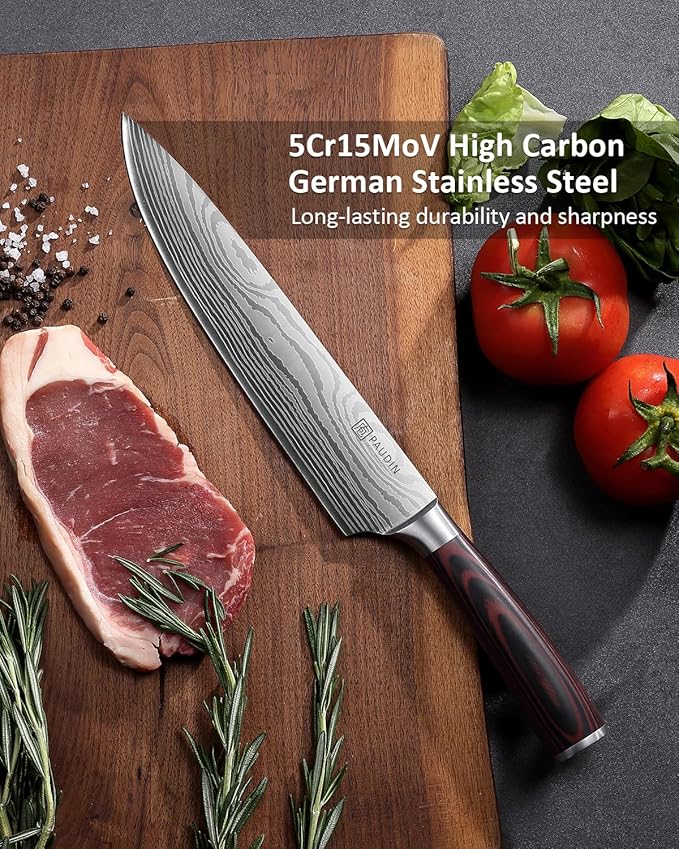 PAUDIN Chef Knife - 9 Inch Sharp Kitchen Knife with Sheath, High Carbon Stainless Steel Japanese cooking knives with Ergonomic Handle, Premium Gift Box