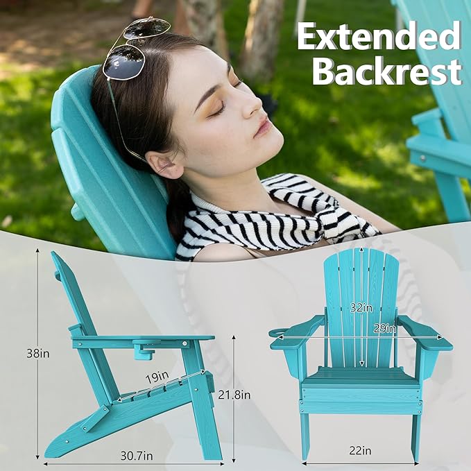 Plawdlik Folding Adirondack Chair, SGS Tested, Wooden Textured with Cup Holder, Heavy All-Weather HDPE Comfortable Set Poolside Backyard Lawn Aruba Blue