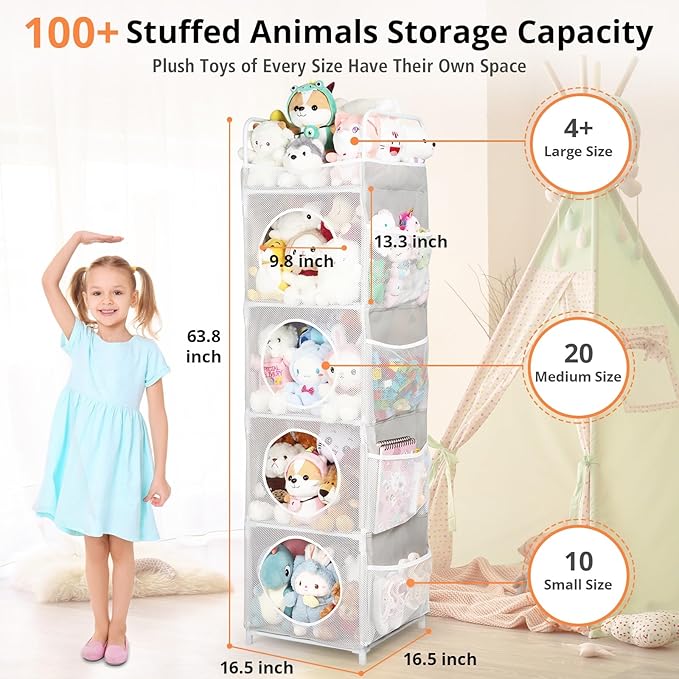 Stuffed Animal Storage, 5 Tier - 8 Side Pockets Toy Storage Organizer, 63.8" Space-Saving Corner Storage for Kids' Bedroom & Playroom, Grey