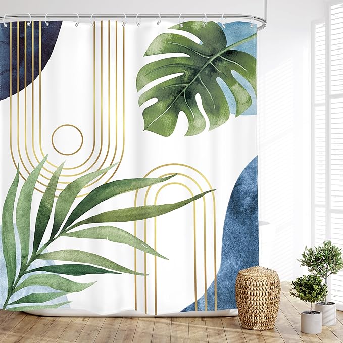 Glawry Boho Blue Green Shower Curtain Mid Century Abstract Tropical Palm Leaf Modern Minimalist Plant Botanical Bathroom Geometric 72Wx72L Inches Bath Accessories Art Home Decor Fabric 12 Pack Hooks