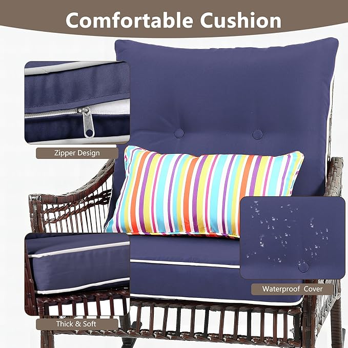 3 Pieces Patio Furniture Set, Outdoor Rocking Chairs Set of 2, Wicker Cushioned Patio Rocker with Side Table for Porch, Garden, Poolside & Deck, Blue