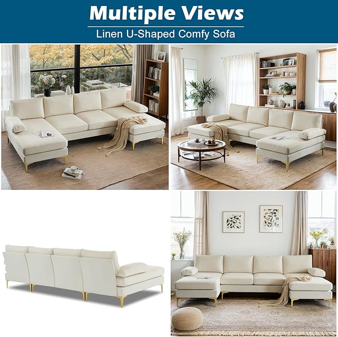 VINGLI 110" Modern U Shaped Sectional Couch with 51"D Double Chaise for Living Room, Beige Deep Seat Sectional Sofa Sets with 5.9" Thickness Seating Padding for Home Furniture,Linen Fabric,Metal Legs
